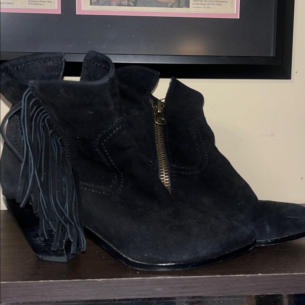 Sam Edelman, black suede bootie with fringe